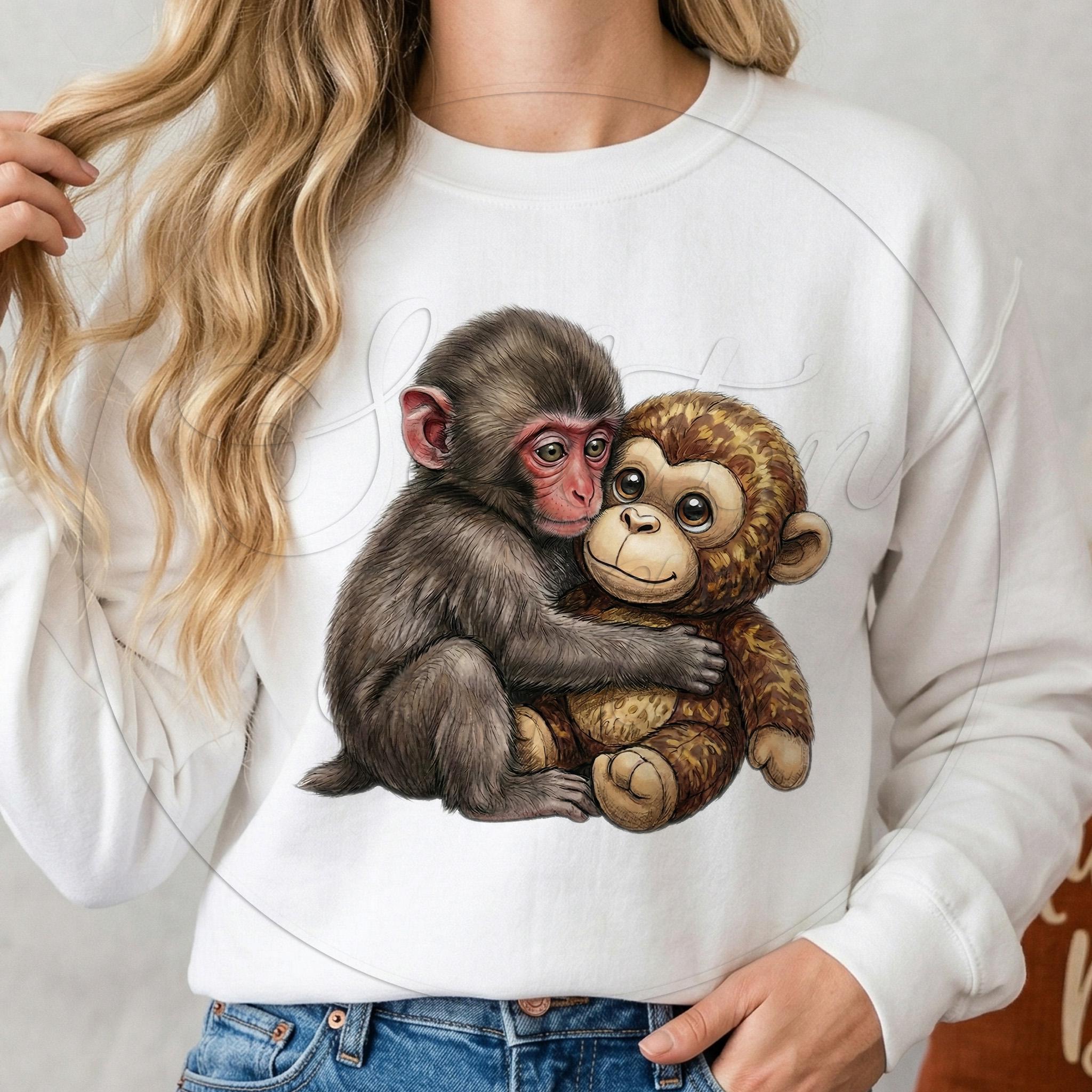 Baby Monkey Hugging Plush Toy PNG | Watercolor Animal Art (Digital Download)