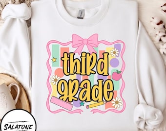 Third Grade PNG Sublimation Design, Retro Bow Back To School Shirt Png, Girls 3rd Grade Teacher Digital Download