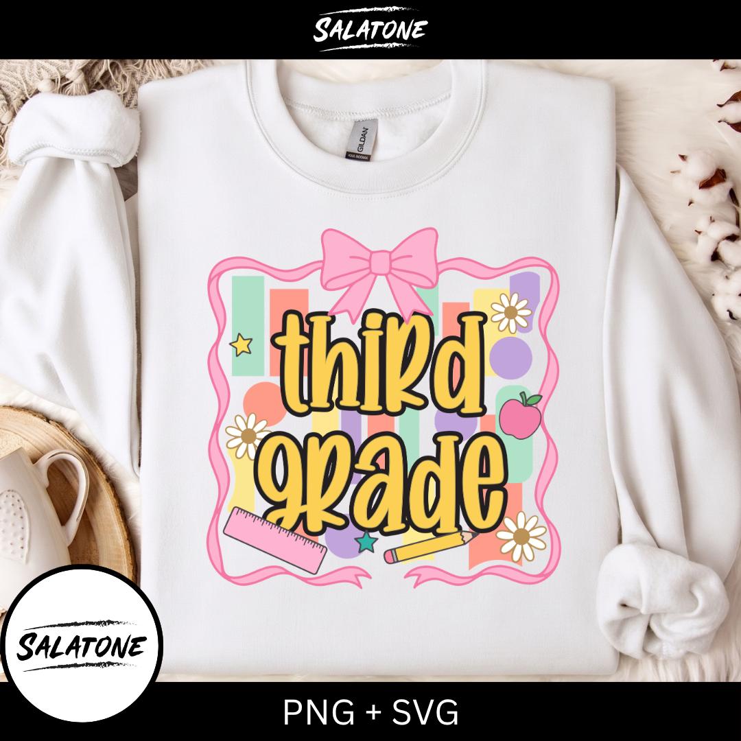 Third Grade PNG Sublimation Design, Retro Bow Back To School Shirt Png, Girls 3rd Grade Teacher Digital Download