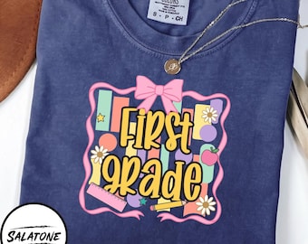 First Grade PNG Sublimation Design, Retro Bow Back To School Shirt Png, Girls 1st Grade Teacher Digital Download