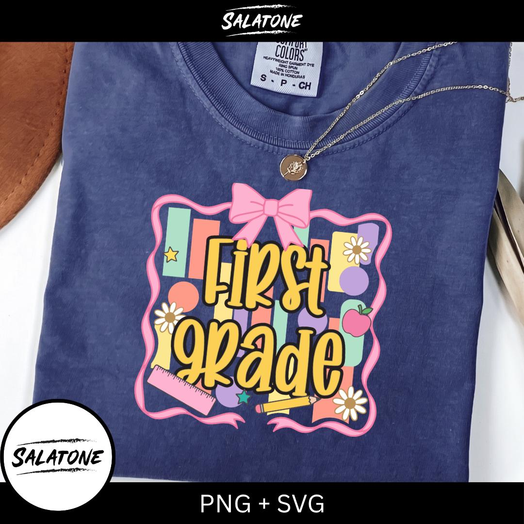First Grade PNG Sublimation Design, Retro Bow Back To School Shirt Png, Girls 1st Grade Teacher Digital Download