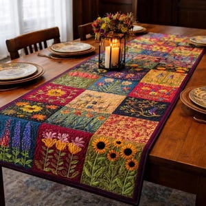 May include: A colorful, quilted table runner with embroidered floral designs. The runner features a patchwork design with squares of various colors and patterns, including sunflowers, and other flowers. The runner is placed on a wooden table.