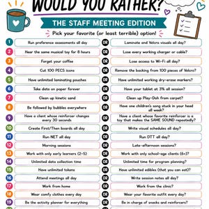 Può includere: Un colorato foglio di gioco ABA Would You Rather: The Staff Meeting Edition con venti domande numerate, ciascuna con due opzioni separate da un pulsante OR. Il design include una tazza di caffè, una cartellina e le istruzioni per il gioco.