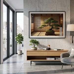 以下が含まれることがあります： 日本のスタイルの部屋に盆栽の大きな額入り写真があるモダンなリビングルーム。小さな盆栽が木製のキャビネットの上にあり、コーヒーメーカーとカップが置かれています。グレーのアームチェアとフロアランプがシーンを完成させています。