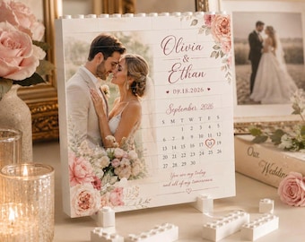 Personalized Wedding Photo Brick, Custom Couple Calendar Keepsake, Blush Floral Names Date