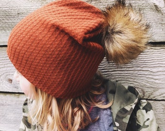 SLOTCHY HATS in rust color, fur hat, pom-pom hat for toddlers, babies and adults, hat for boys and girls. Hats for FAll