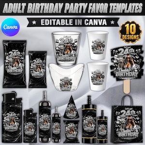 May include: A collection of adult birthday party favor templates featuring a black and silver theme with the text Let's get 24th BIRTHDAY. The set includes designs for chip bags, cups, a cake topper, lighters, bottles, party hats, and a gift bag.