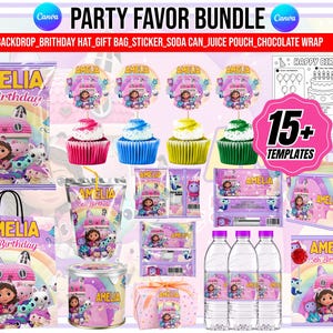 Può includere: Un set di articoli per la festa del 5° compleanno di Amelia. La collezione include modelli per sacchetti regalo, decorazioni per cupcake, etichette per bottiglie d'acqua, incarti per cioccolato e una pagina da colorare con personaggi animati.