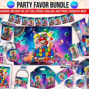 May include: A Super Thunder party favor bundle featuring a backdrop, birthday hat, gift bag, stickers, soda can labels, juice pouch wraps, and chocolate bar wrappers. All items display a colorful space theme with Mario characters and the text Super Thunder Turning 7.