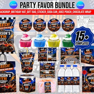 May include: A monster truck themed party favor bundle featuring templates for chip bags, gift bags, cupcake toppers, juice pouches, chocolate wraps, water bottle labels, and a birthday activity sheet, all displaying the text Jackson's 5th Birthday Party.