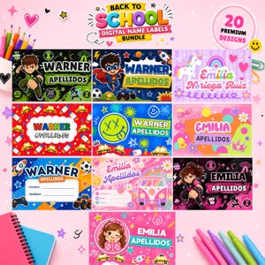 May include: A collection of twenty digital name labels for school supplies, featuring various colourful designs with cartoon characters, space themes, floral patterns, and smiley faces. The labels include customisable text fields for names and surnames.