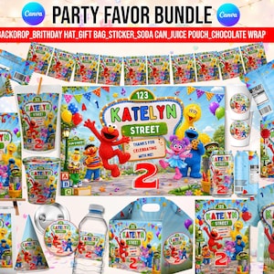 May include: A party favor bundle featuring Sesame Street characters, including Elmo, Big Bird, and Cookie Monster. The set includes a backdrop, birthday hat, gift bag, stickers, soda can wraps, juice pouch labels, and chocolate bar wrappers.
