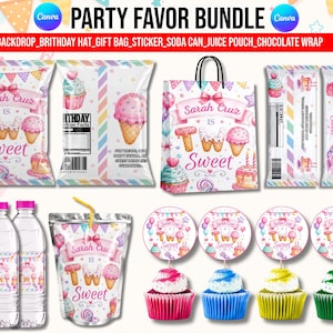 May include: A party favor bundle featuring custom labels for chip bags, gift bags, chocolate bars, water bottles, juice pouches, and cupcake toppers. The designs feature pastel colors, ice cream graphics, and the text Sarah Cruz is Two Sweet.