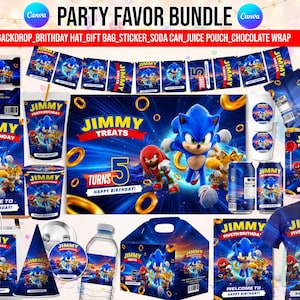 May include: A Sonic the Hedgehog themed party favor bundle featuring a backdrop, birthday hat, gift bag, stickers, soda can labels, juice pouch labels, and chocolate wrappers. All items display the name Jimmy, the number 5, and character graphics.