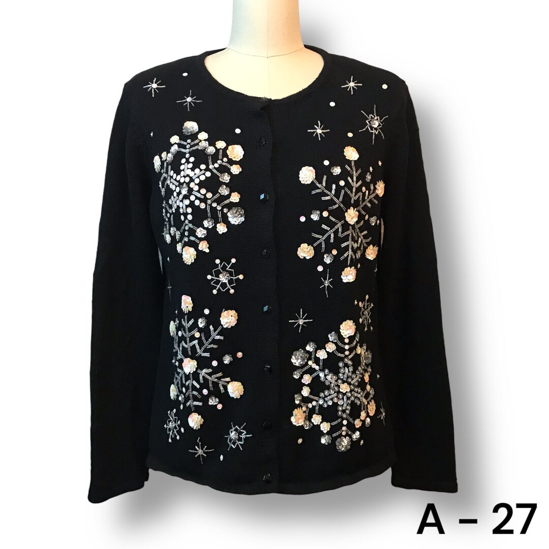 Tiara International Black Cardigan Pink Sequin Beads Floral Etsy