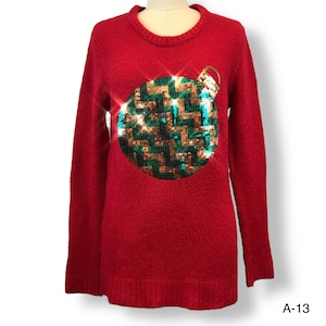 Holiday Time Women’s Red Ugly Christmas Sweater Sparkly Sequin Ornament Sz S 4/6