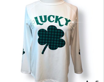 White Womens Plaid Lucky Shamrock St Patricks Day Pullover Rhinestones Sz XL