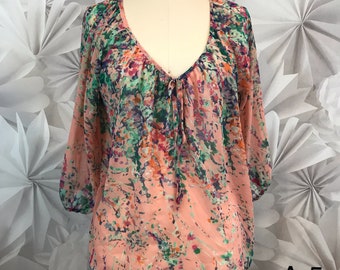 Everly Pink Floral Sheer Flowing Blouse 3/4 Sleeve Women’s Sz S Boho