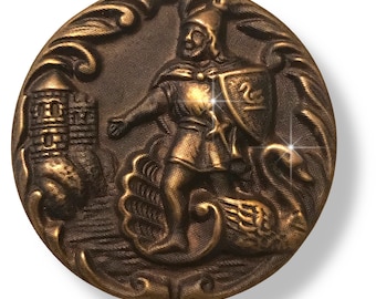 Vintage Antique Victorian Large 3D Brass Picture Button Arrival of Lohengrin