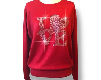 Vtg Everyday Clothing Co. Y2K Red Sweater Valentine Rhinestones Heart Love XL