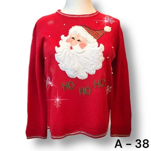 Ugly Christmas Sweater Santa Red Hologram  Snowflakes Rhinestones Sz XL