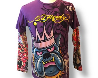 Ed Hardy Grafitti Street Art Shirt Womens M Tattoo Sleeves Purple King Bulldog