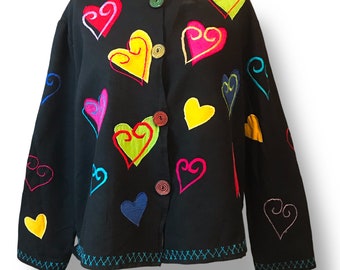 Vtg Allure Heart Jacket Black Valentines Day Love Sz XL Hearts Applique