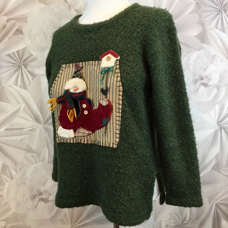 Ugly Christmas Sweater Fleece Hand Crafted Oak Green Snowman 44\u201d Bust Large