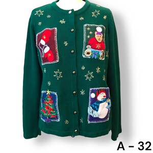 Vtg Ugly Christmas Sweater All Points Reference Points Hunter Green Teddy Sz S