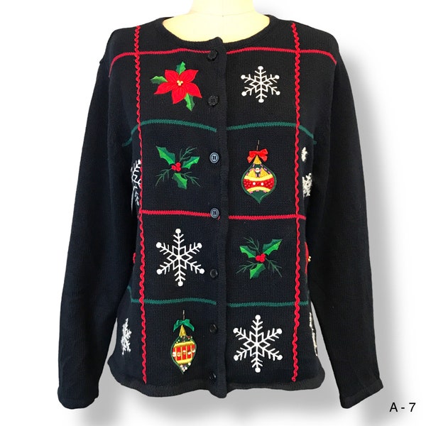 Vtg Ugly Christmas Sweater Black Crystal Kobe Sz S Snowflake Ornament Holly