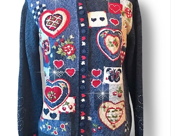 Heirloom Collectibles Blue Vtg Valentine Hearts Rhinestones Sweater Women's Sz M