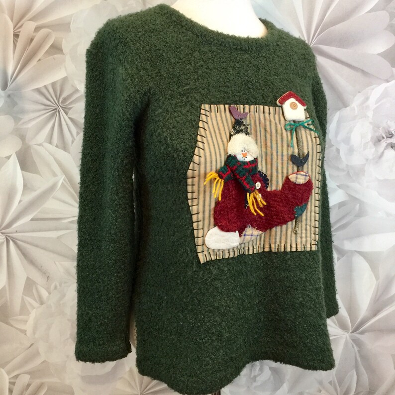 Ugly Christmas Sweater Fleece Hand Crafted Oak Green Snowman 44\u201d Bust Large