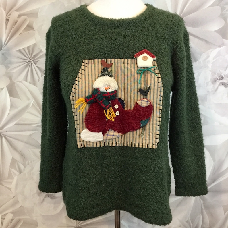 Ugly Christmas Sweater Fleece Hand Crafted Oak Green Snowman 44\u201d Bust Large
