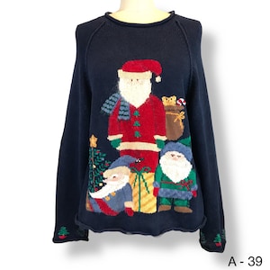 Northern Isles Womens Sz L Blue Ugly Christmas Sweater Christmas Tree Two Elves