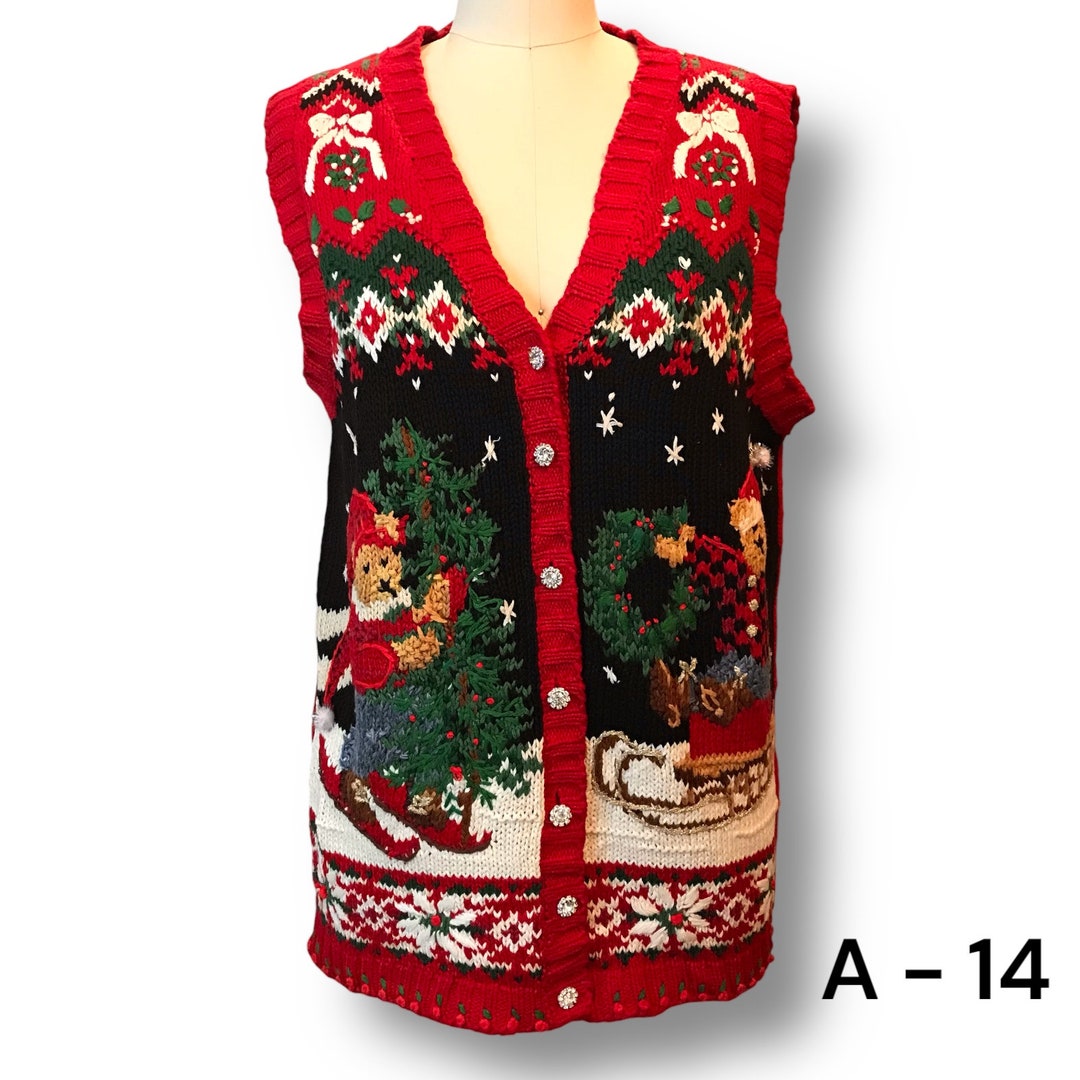 Tiara International Ugly Christmas Sweater Vest Red Teddy Bear Etsy