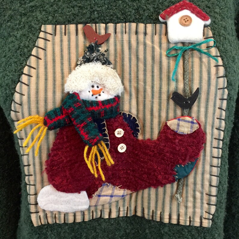 Ugly Christmas Sweater Fleece Hand Crafted Oak Green Snowman 44\u201d Bust Large