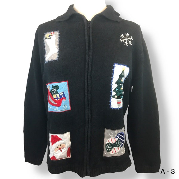 Crystal Kobe Ugly Christmas Sweater Womens 1X Black Full Zip Collar Embroidery