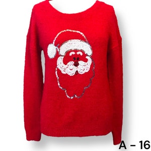 Ugly Christmas Sweater No Boundries Red Fleece Sequins Santa Head Jrs Sz 3/5