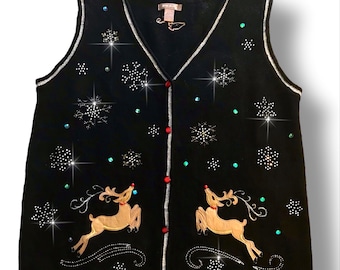 White Stag Ugly Christmas Vest Black Reindeer Snowflakes Sz L Heavy Rhinestones