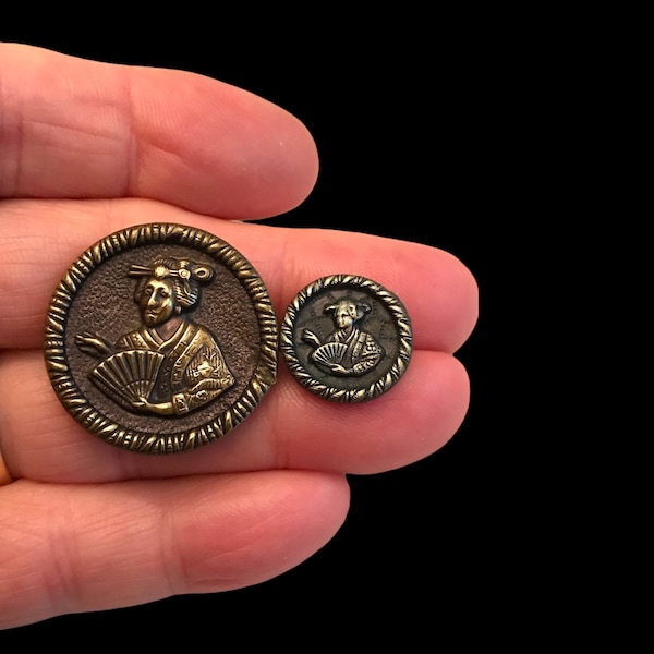 Lot of 2 Vintage Antique Metal Buttons Japan Geisha Girl With Fan