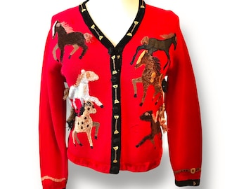 Berek 2 Womens Equestrian Rodeo Cowgirl Wild Horse Sweater Red Buttons Sz L