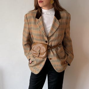 Vintage SELENE 100% Virgin Wool Plaid brown Blazer, Velvet Collar Hacking Jacket