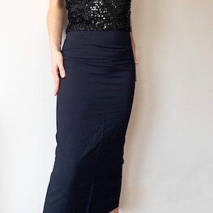 1990er Jahre Plein Sud Vintage Maxi Column Dark Navy Blau Viscose Gerade Langer Bleistift Rock Büro Sirene Grunge Y2K Minimalismus Ästhetik