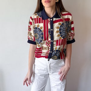Fransk Vintage Damart-blus Barock Kedjetryck Nautisk Kunglig Kortärmad Skjorta Krämröd Marinblå Kronmönster Button Down