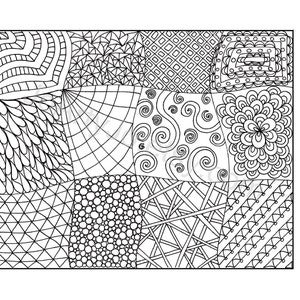 May include: A black and white coloring page featuring a patchwork design with various geometric patterns. The patterns include swirls, dots, lines, and squares.