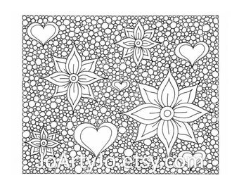 Zentangle Inspired Printable Coloring Page, Hearts and Flowers  Zendoodle Page 45