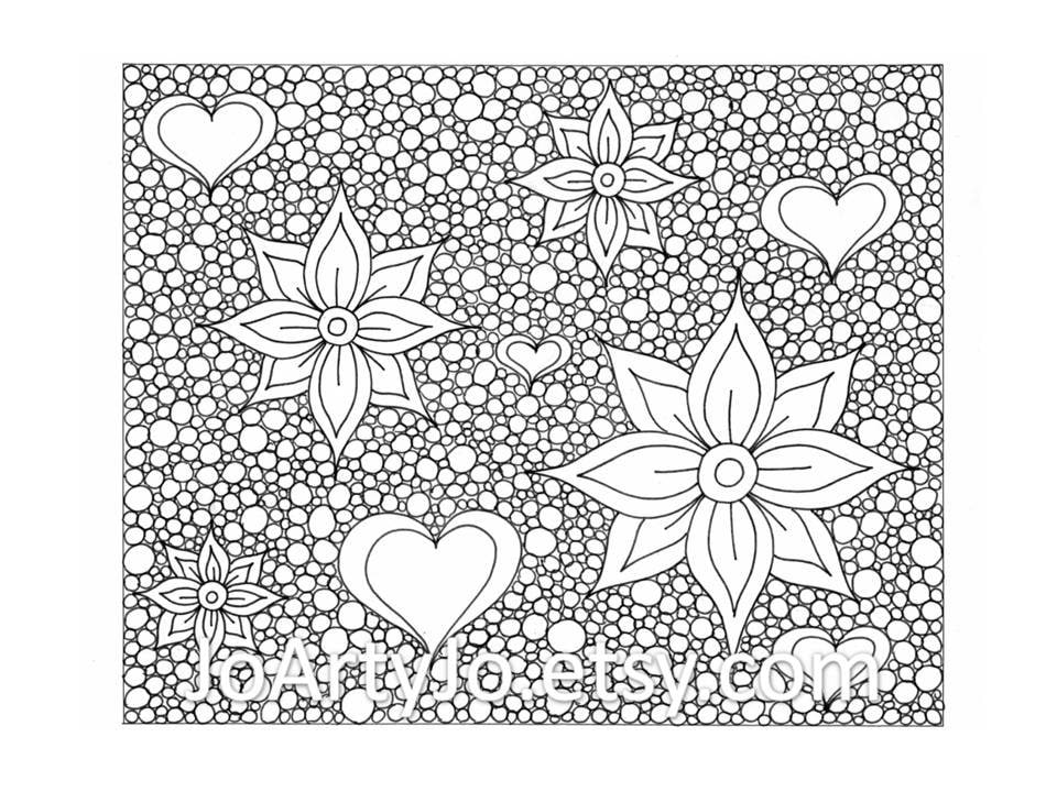 Zentangle Inspired Printable Coloring Page Hearts And Flowers Etsy