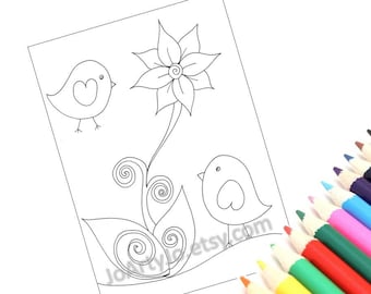 Coloring Page Printable Instant Download, Cute Birds- Page 4