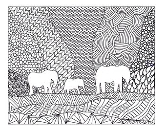 Elephants Coloring Page, Inspired by the art of Zentangle, Printable Zendoodle Page 70