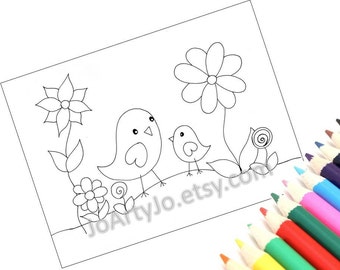 Cute Birds Coloring Pages, Set of 4 printable PDF files